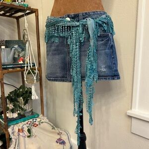 Y2K Boho Fairycore Teal Blue Fringe Scarf / Belt